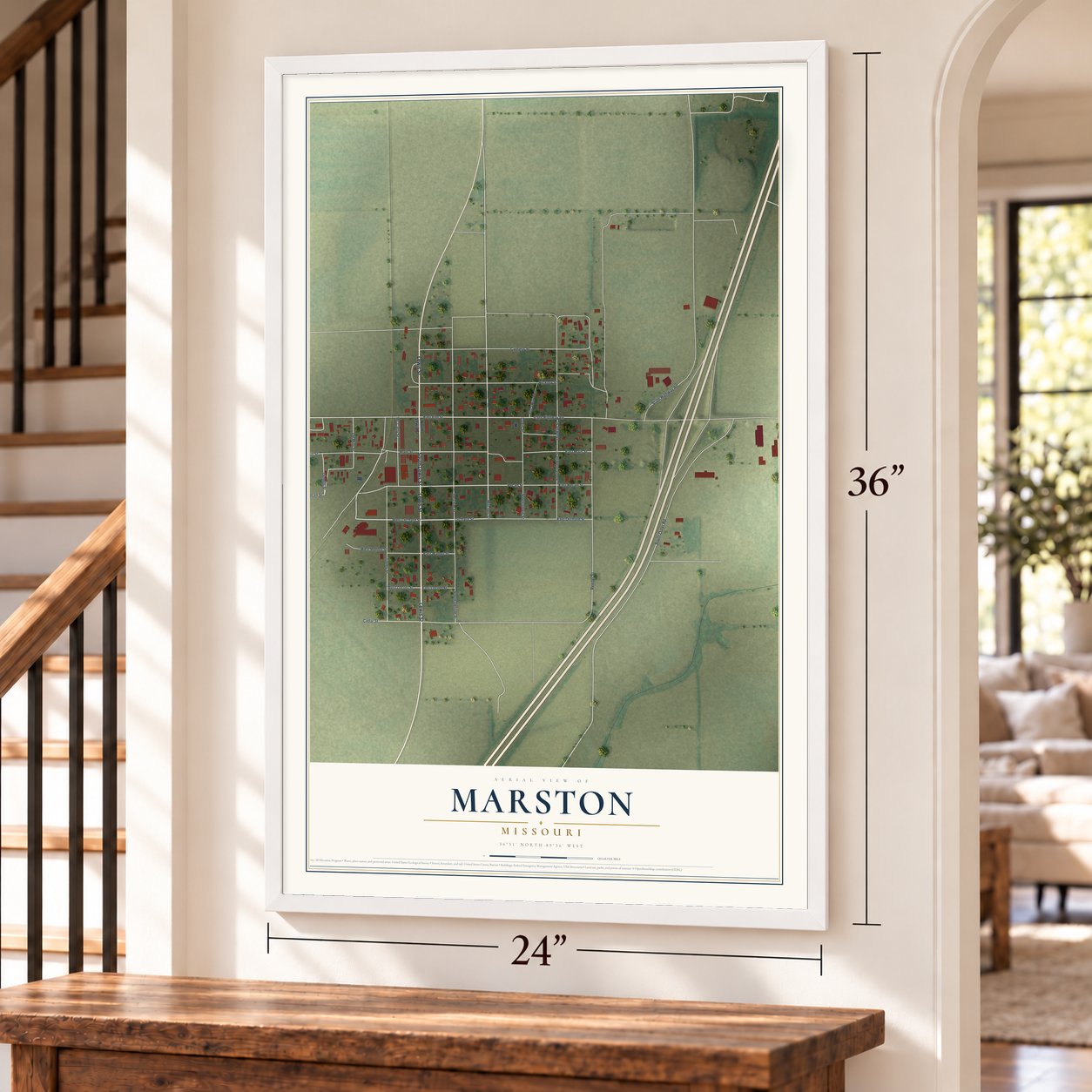 Marston, Missouri map, 24 x 36 inch print in a white frame by a staircase