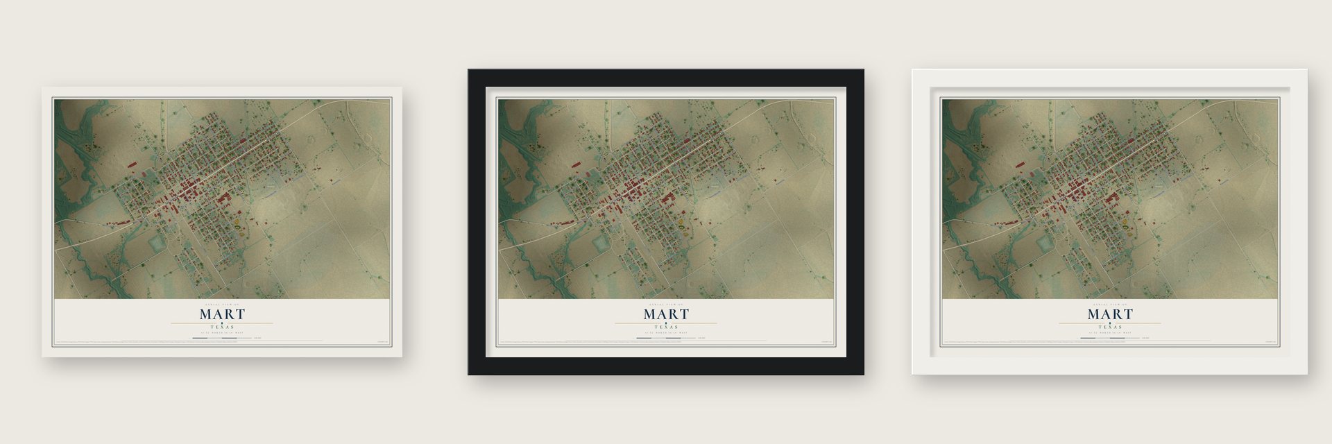 Mart, Texas map unframed, in a black wood frame and in a white wood frame