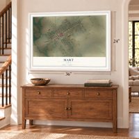 Mart, Texas map, 24 x 36 inch print in a white frame above a dresser by a staircase