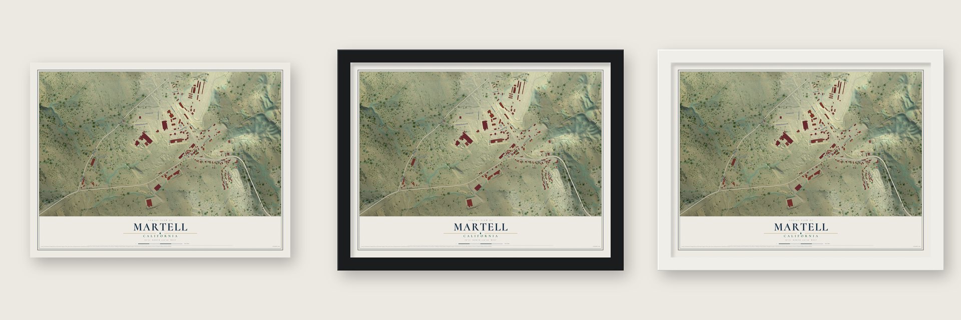 Martell, California map unframed, in a black wood frame and in a white wood frame