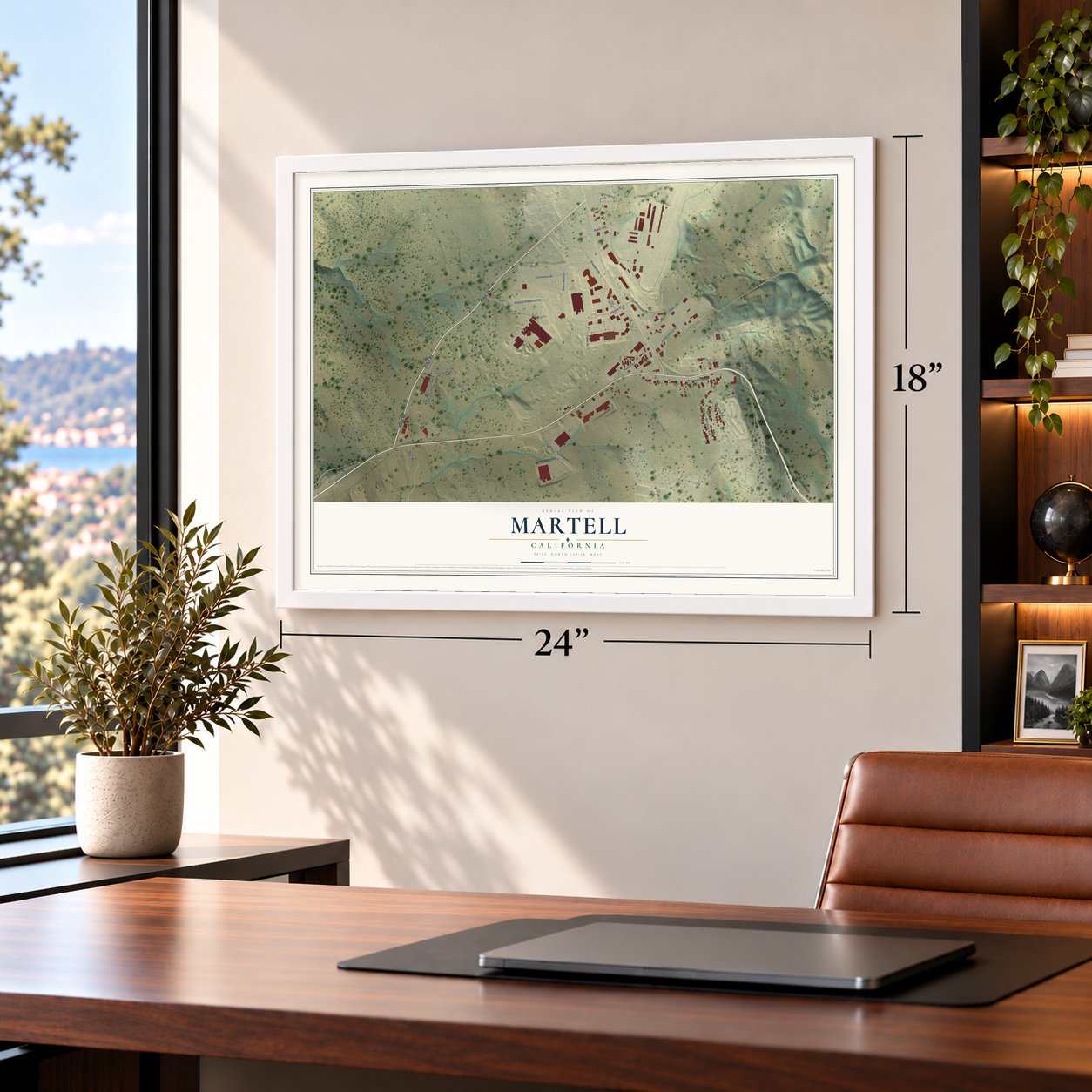 Martell, California map, 18 x 24 inch print in a white frame in a home office