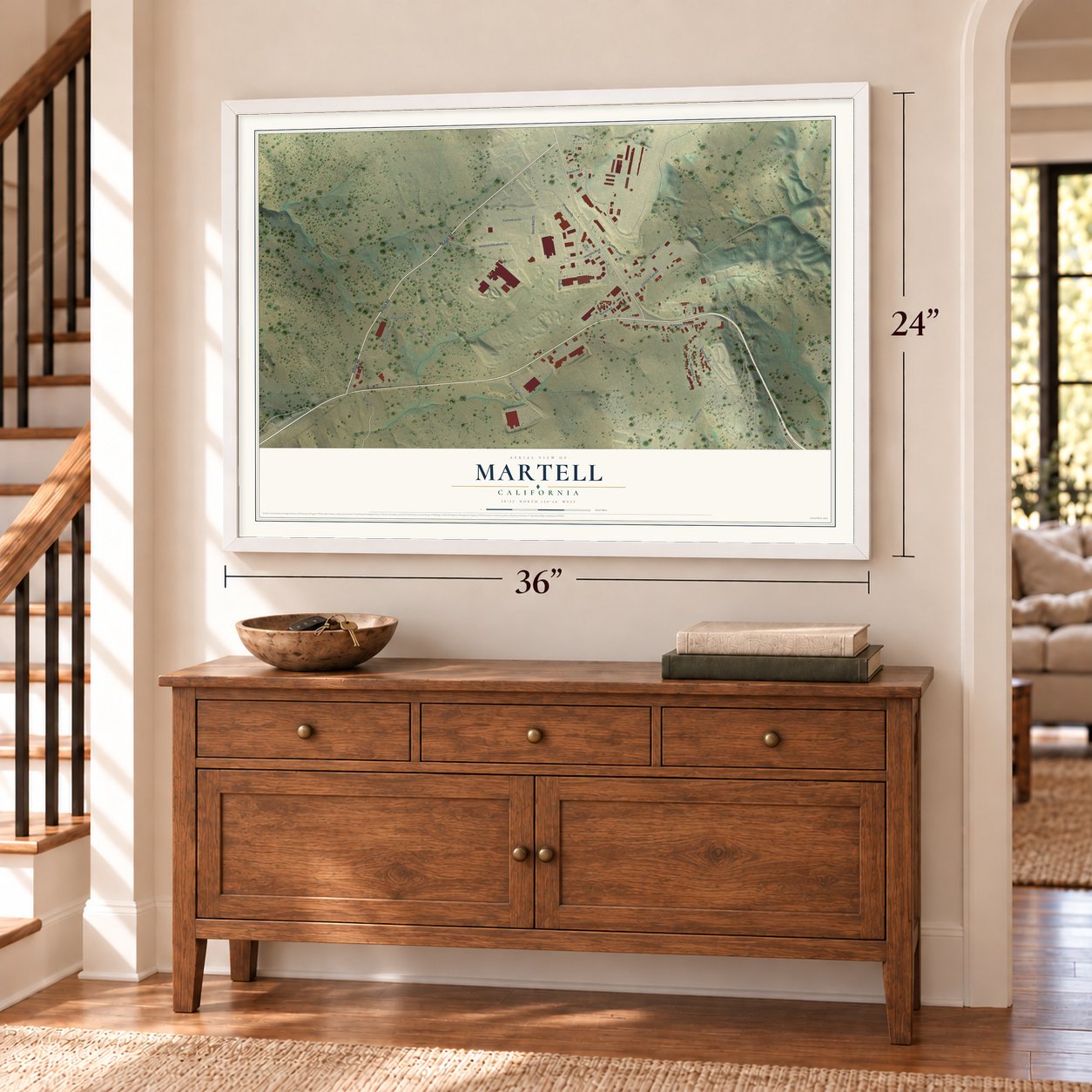 Martell, California map, 24 x 36 inch print in a white frame above a dresser by a staircase