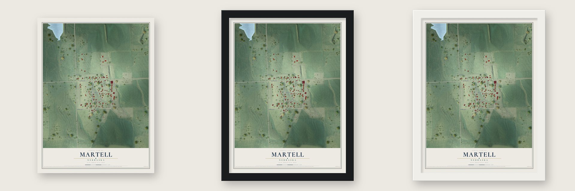 Martell, Nebraska map unframed, in a black wood frame and in a white wood frame