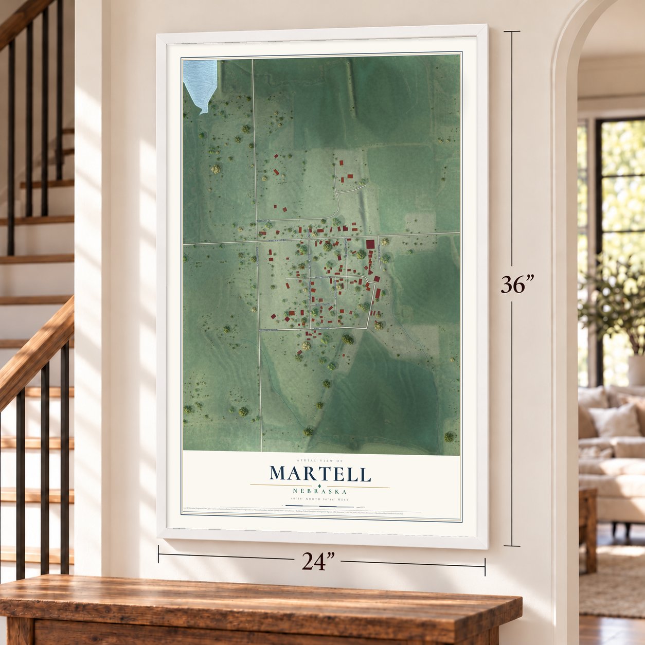 Martell, Nebraska map, 24 x 36 inch print in a white frame by a staircase