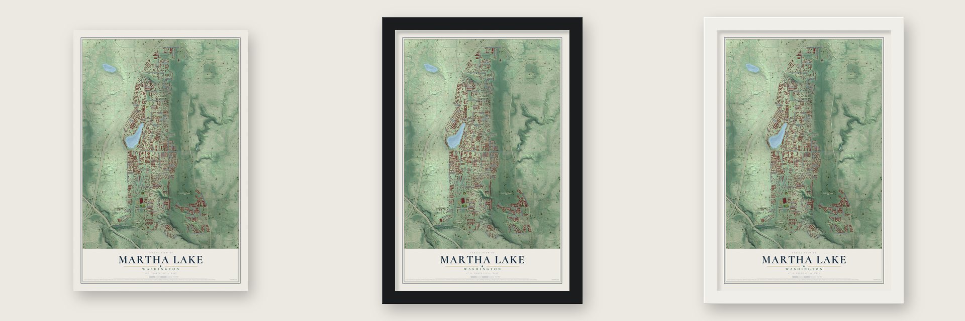Martha Lake, Washington map unframed, in a black wood frame and in a white wood frame
