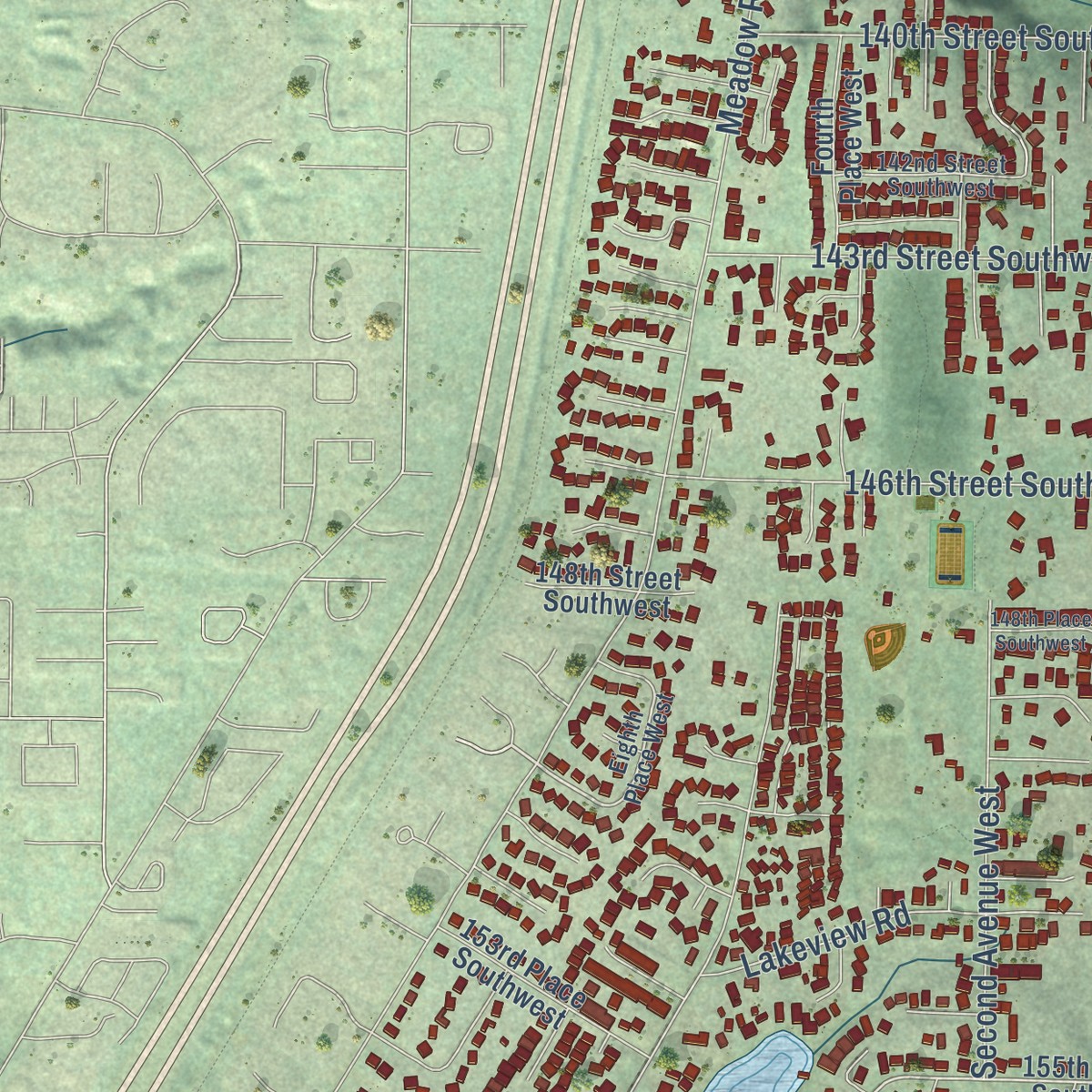 Second close-up of the map of Martha Lake, Washington print showing more streets and buildings