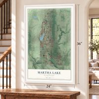 Martha Lake, Washington map, 24 x 36 inch print in a white frame by a staircase