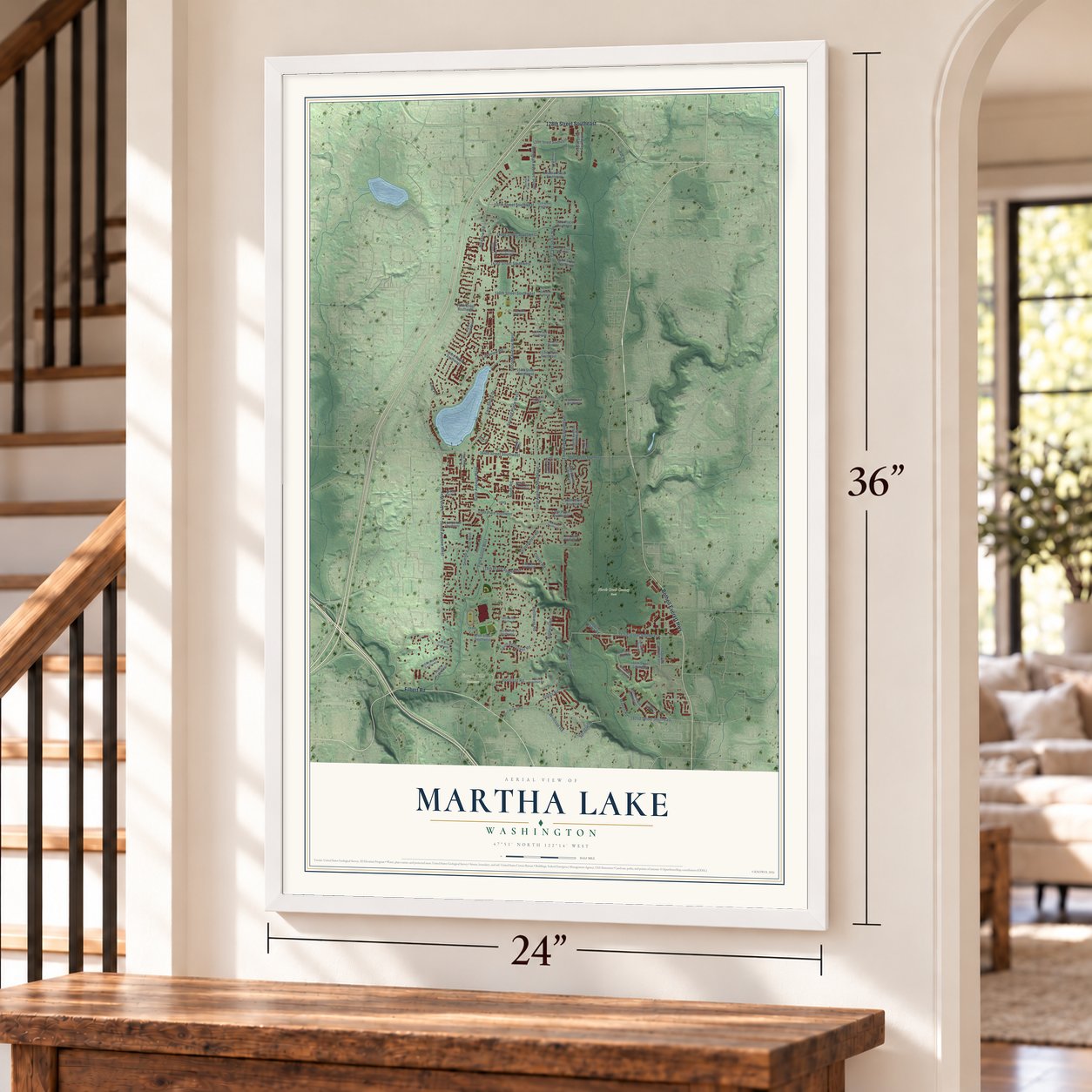 Martha Lake, Washington map, 24 x 36 inch print in a white frame by a staircase