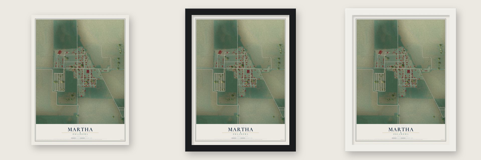 Martha, Oklahoma map unframed, in a black wood frame and in a white wood frame