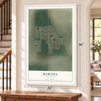 Martha, Oklahoma map, 24 x 36 inch print in a white frame by a staircase