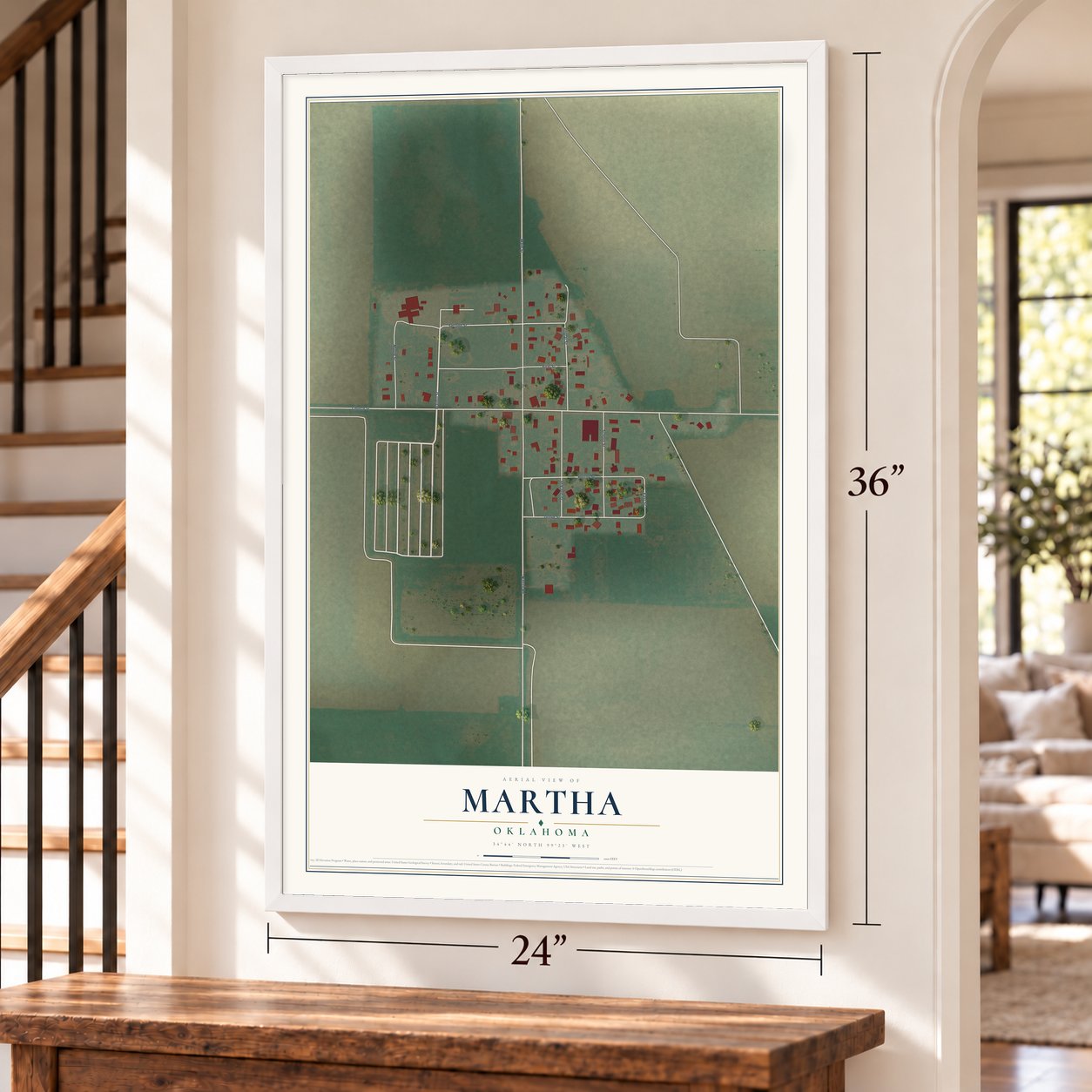 Martha, Oklahoma map, 24 x 36 inch print in a white frame by a staircase