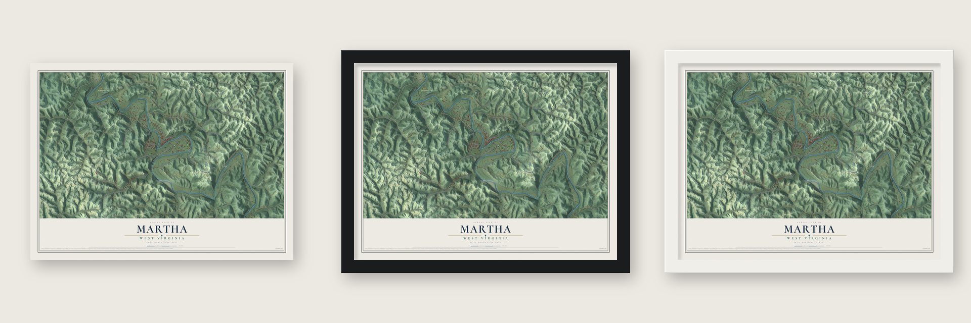 Martha, West Virginia map unframed, in a black wood frame and in a white wood frame