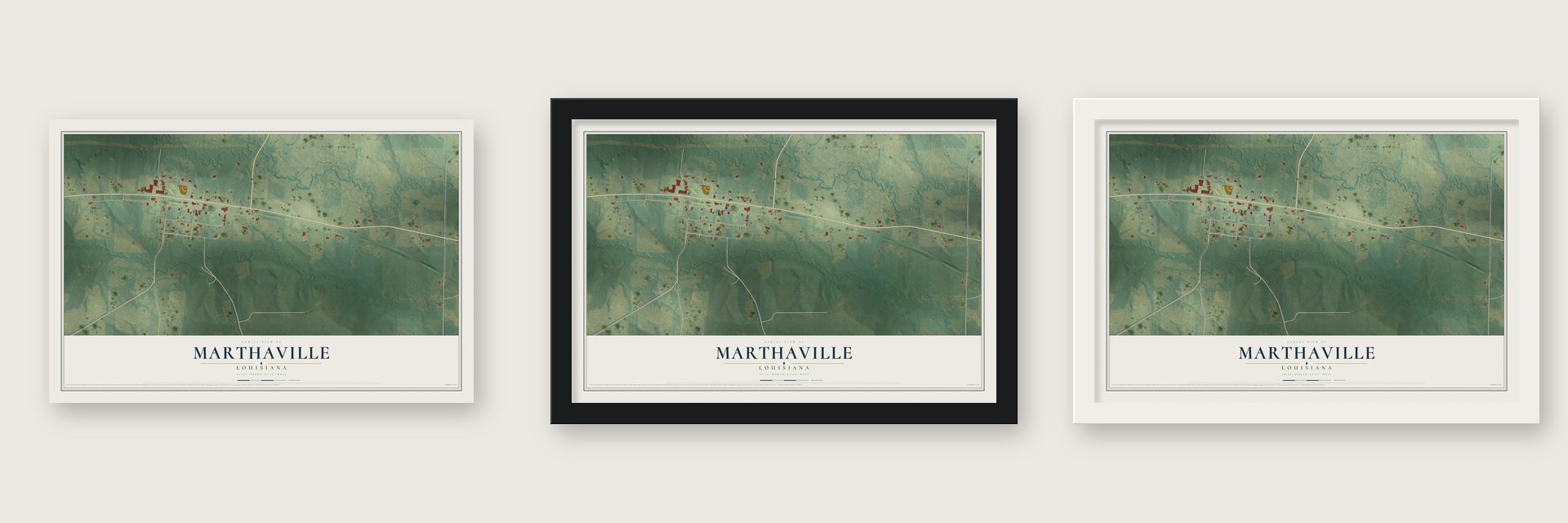 Marthaville, Louisiana map unframed, in a black wood frame and in a white wood frame