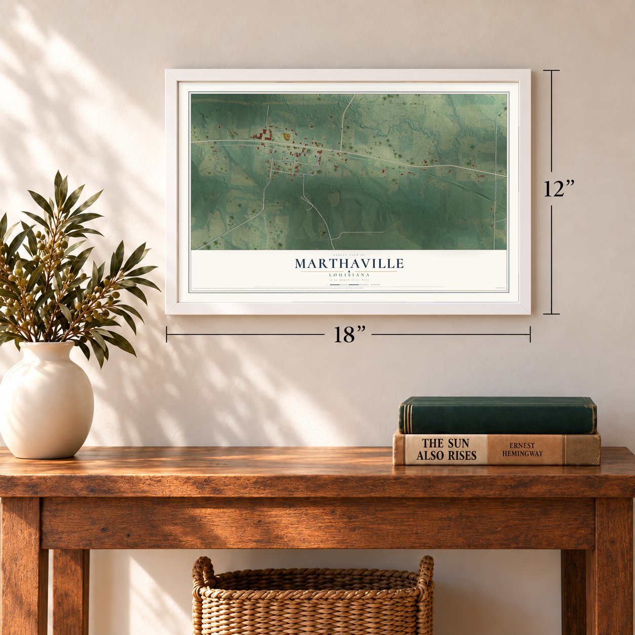 Marthaville, Louisiana map, 12 x 18 inch print in a white frame in an entryway