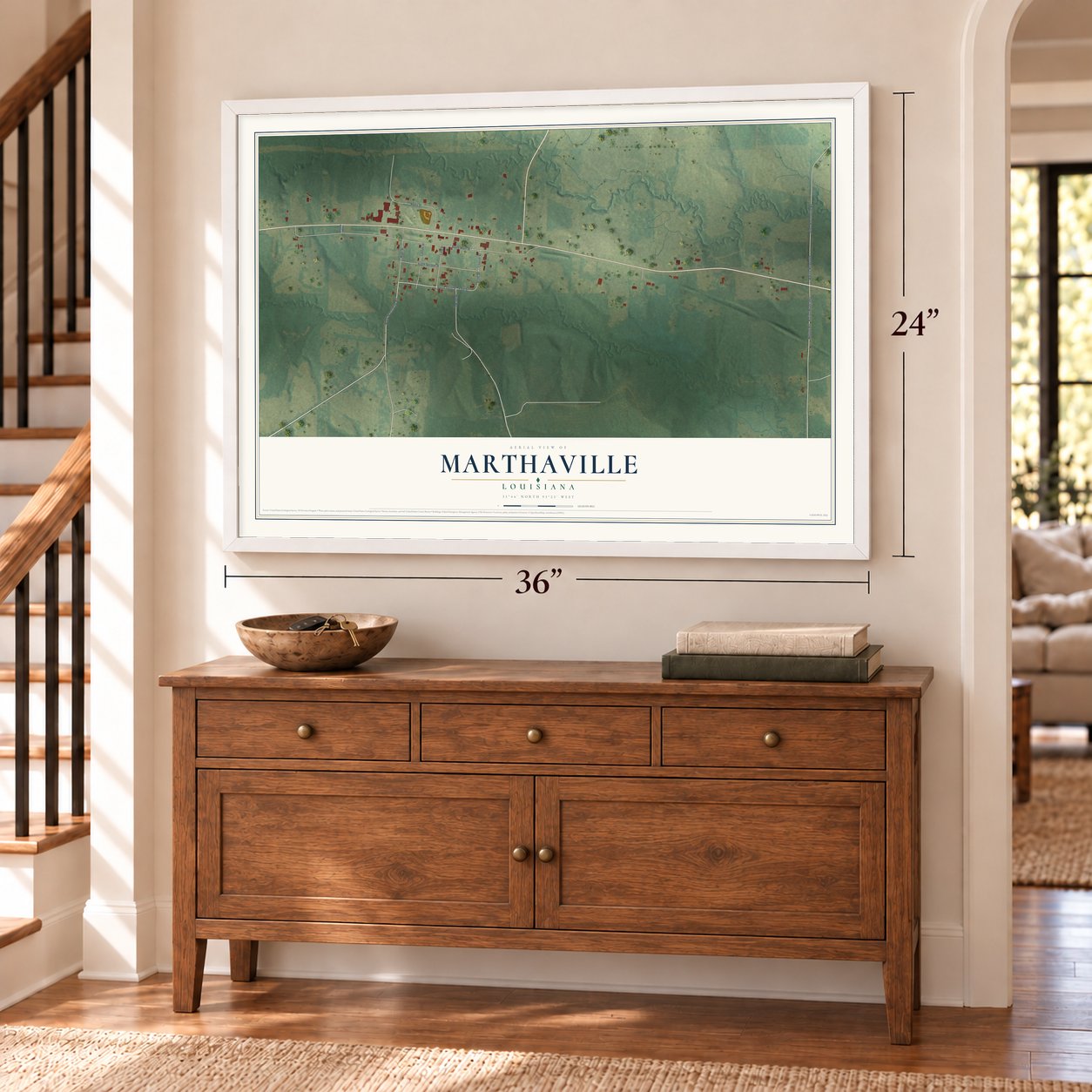 Marthaville, Louisiana map, 24 x 36 inch print in a white frame above a dresser by a staircase
