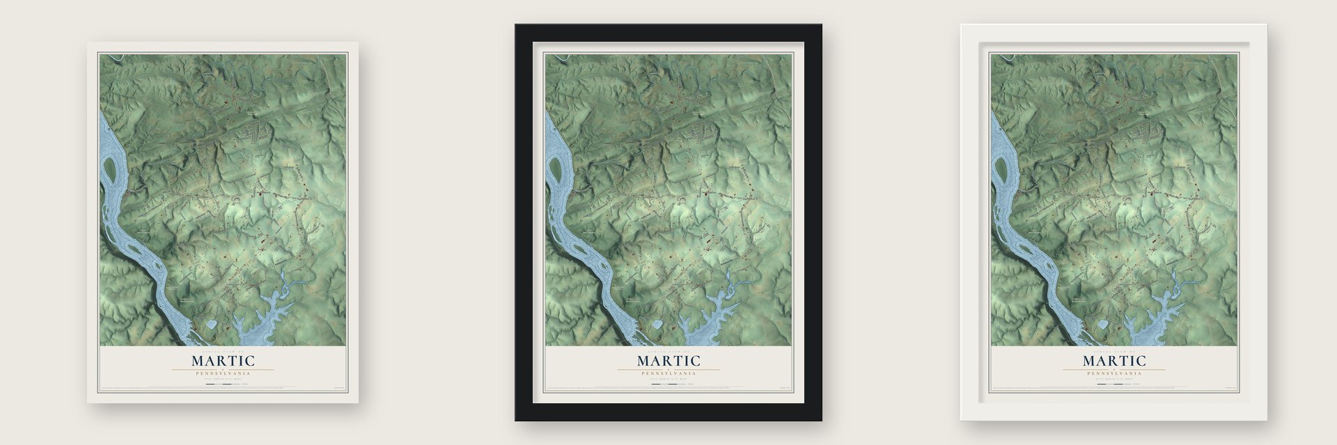 Martic, Pennsylvania map unframed, in a black wood frame and in a white wood frame