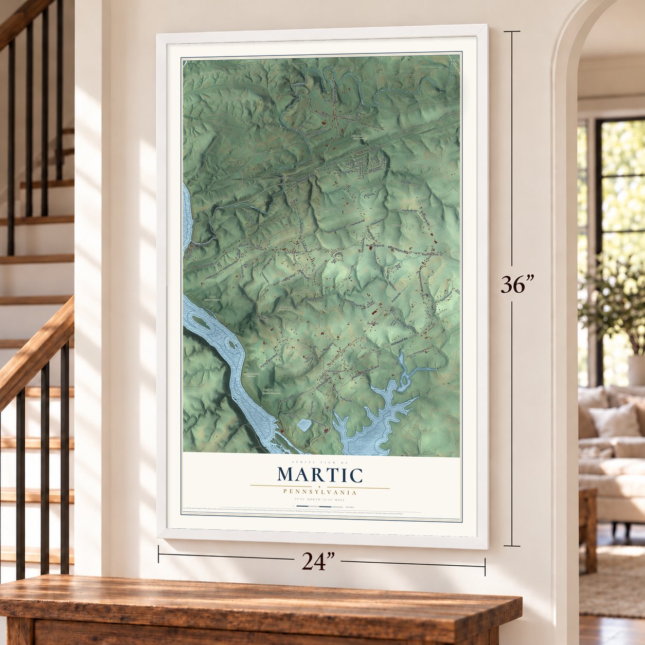 Martic, Pennsylvania map, 24 x 36 inch print in a white frame by a staircase