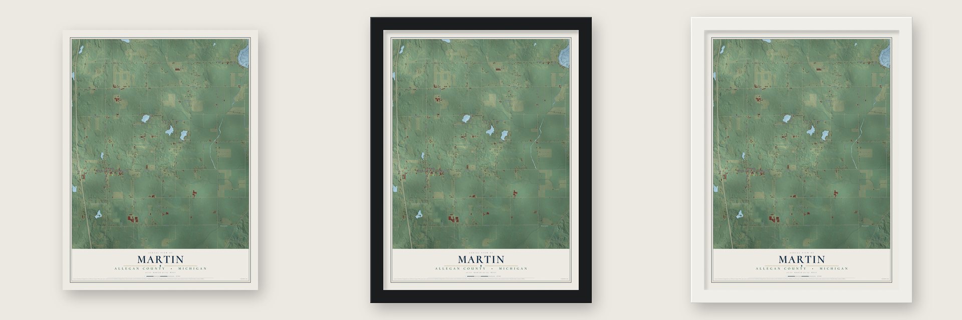 Martin, Allegan County, Michigan map unframed, in a black wood frame and in a white wood frame