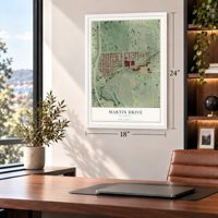 Martin Drive, Wisconsin map, 18 x 24 inch print in a white frame in a home office