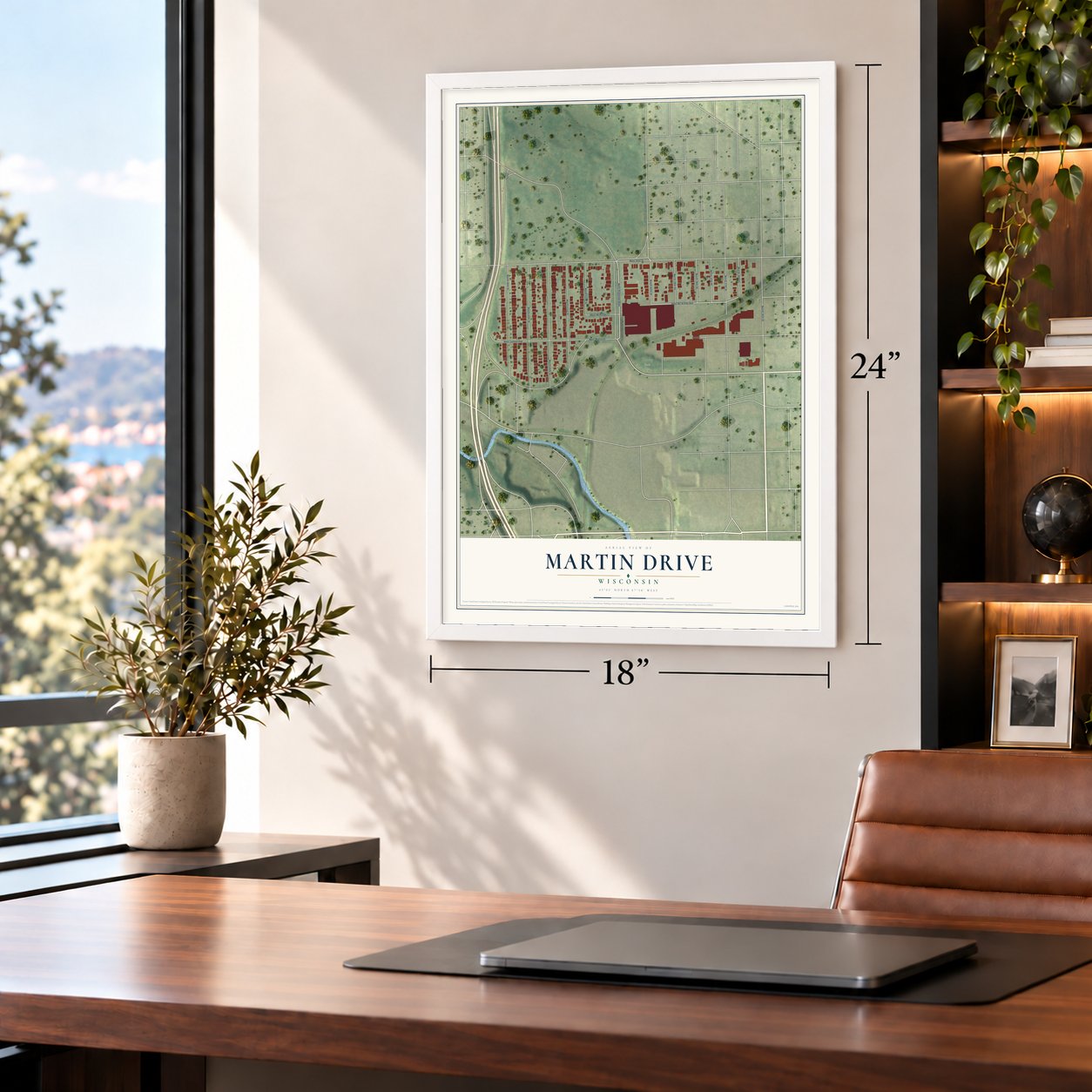 Martin Drive, Wisconsin map, 18 x 24 inch print in a white frame in a home office