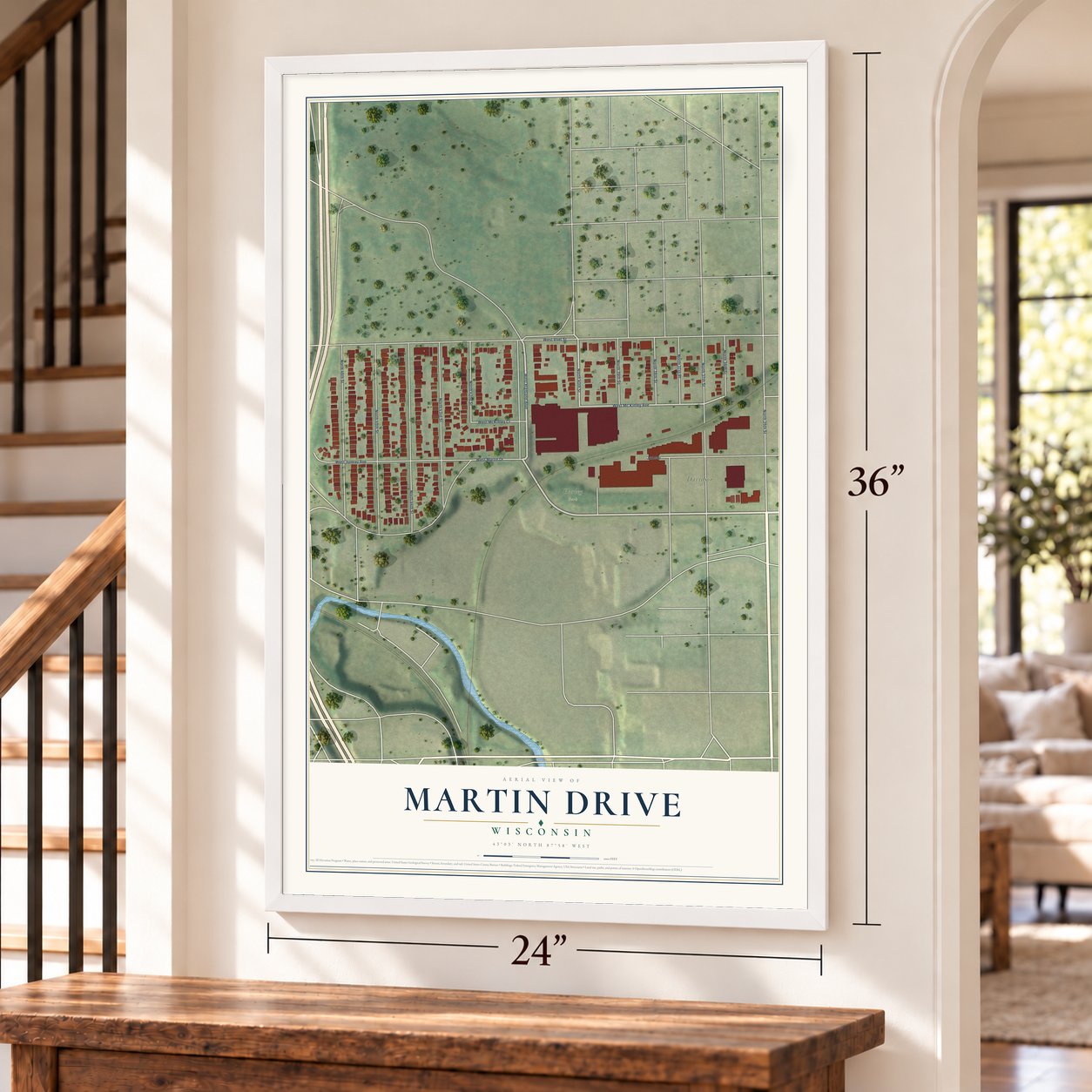 Martin Drive, Wisconsin map, 24 x 36 inch print in a white frame by a staircase