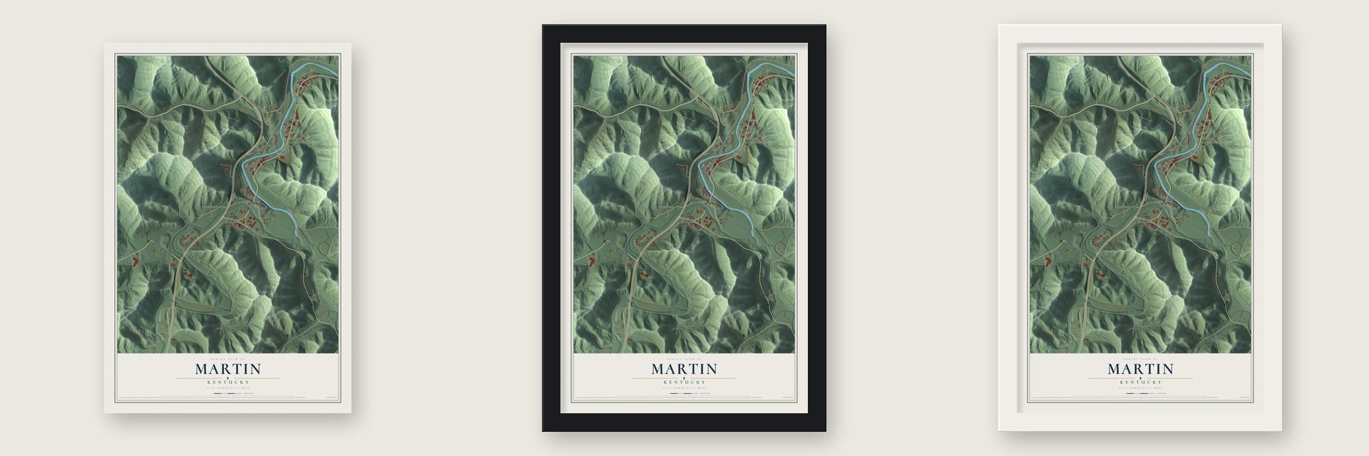 Martin, Kentucky map unframed, in a black wood frame and in a white wood frame