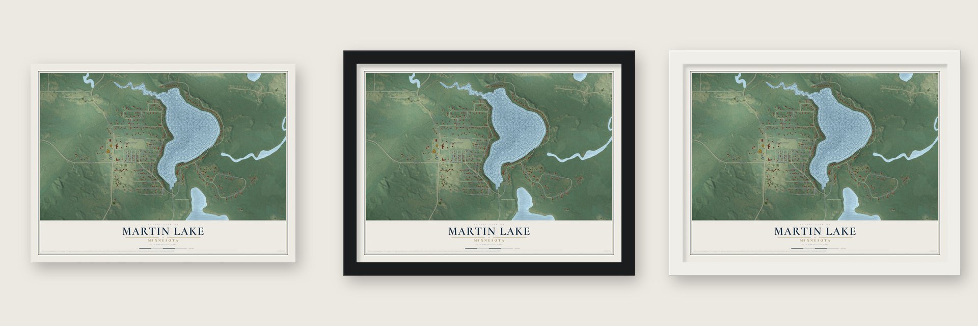 Martin Lake, Minnesota map unframed, in a black wood frame and in a white wood frame