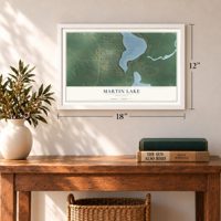 Martin Lake, Minnesota map, 12 x 18 inch print in a white frame in an entryway