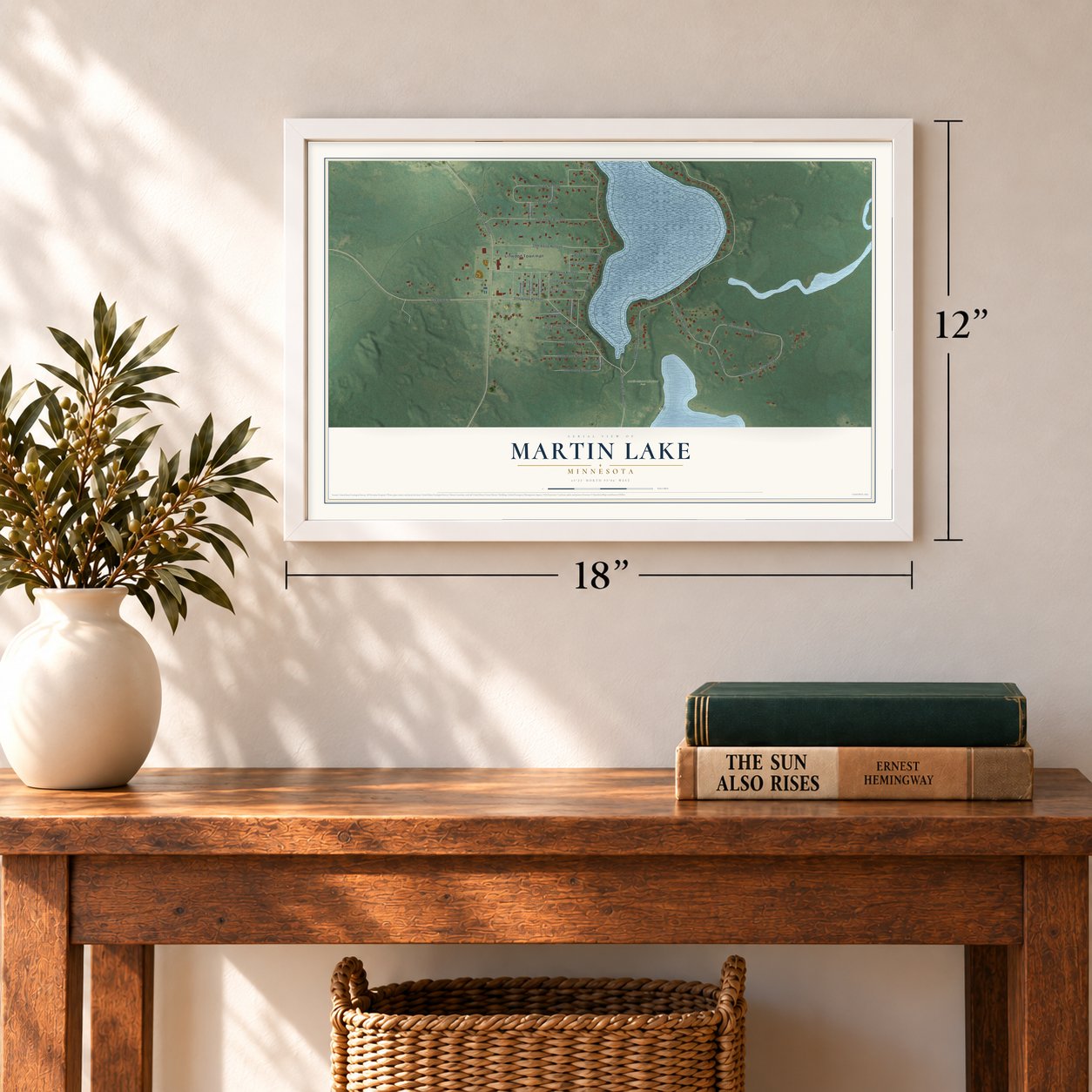 Martin Lake, Minnesota map, 12 x 18 inch print in a white frame in an entryway