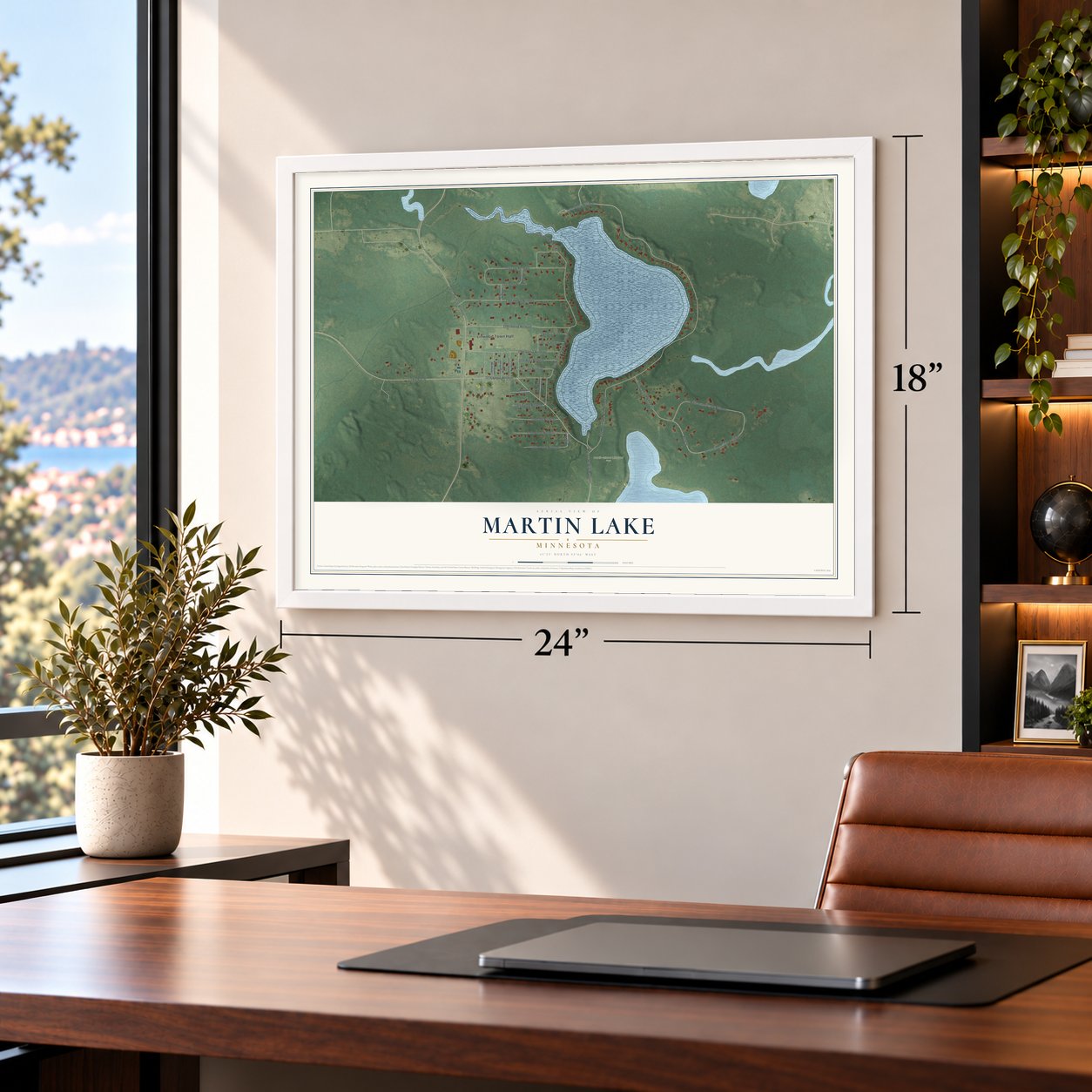 Martin Lake, Minnesota map, 18 x 24 inch print in a white frame in a home office