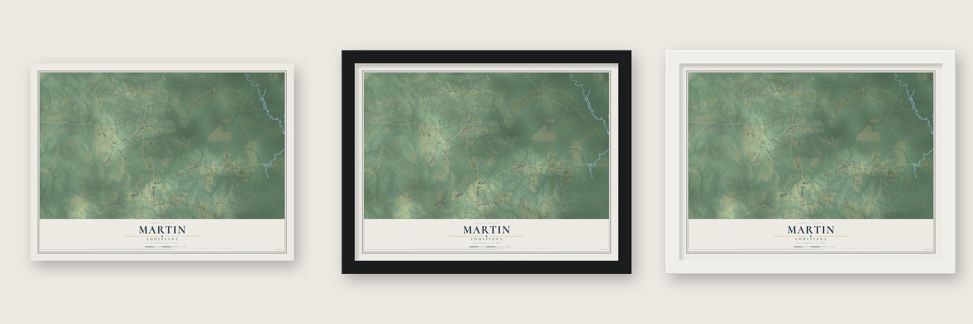 Martin, Louisiana map unframed, in a black wood frame and in a white wood frame