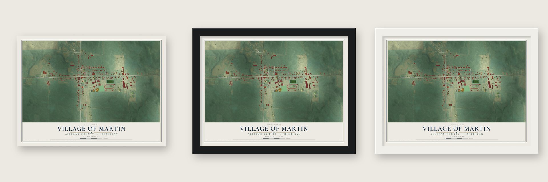 Martin, Michigan map unframed, in a black wood frame and in a white wood frame