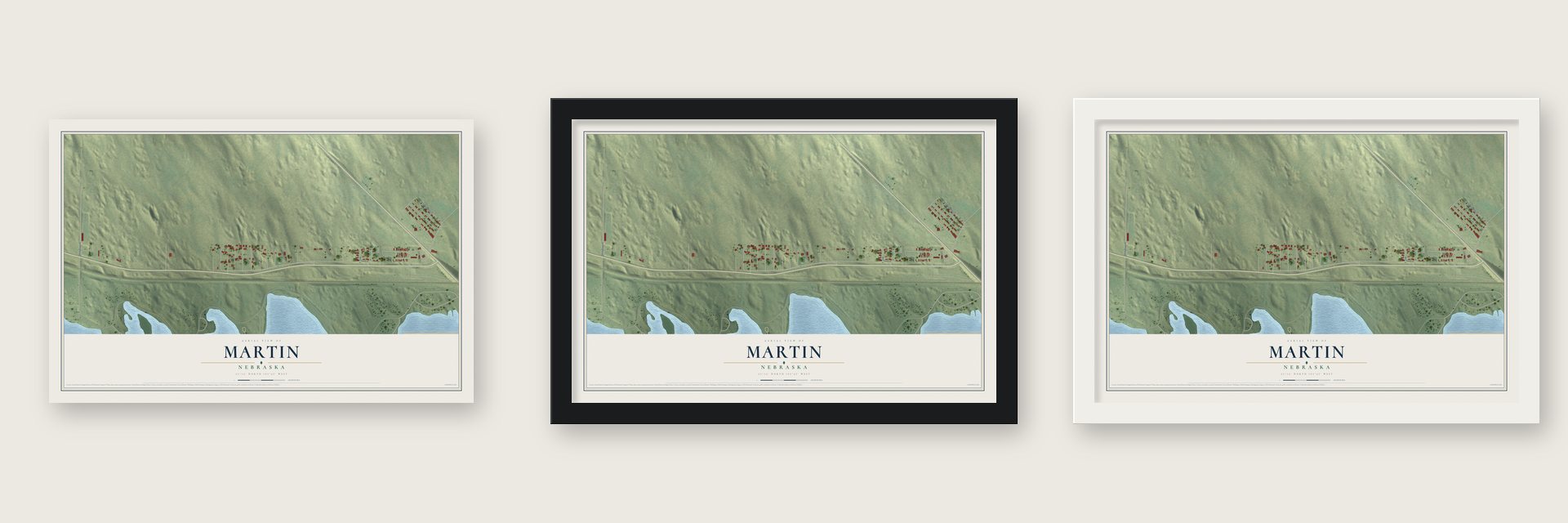 Martin, Nebraska map unframed, in a black wood frame and in a white wood frame