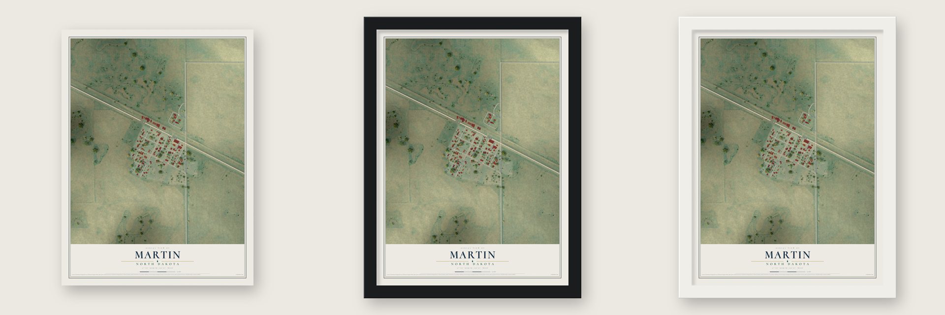 Martin, North Dakota map unframed, in a black wood frame and in a white wood frame