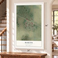 Martin, North Dakota map, 24 x 36 inch print in a white frame by a staircase