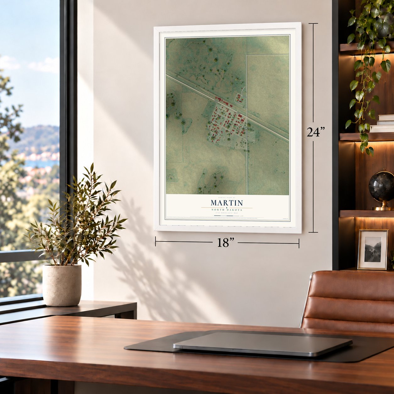 Martin, North Dakota map, 18 x 24 inch print in a white frame in a home office