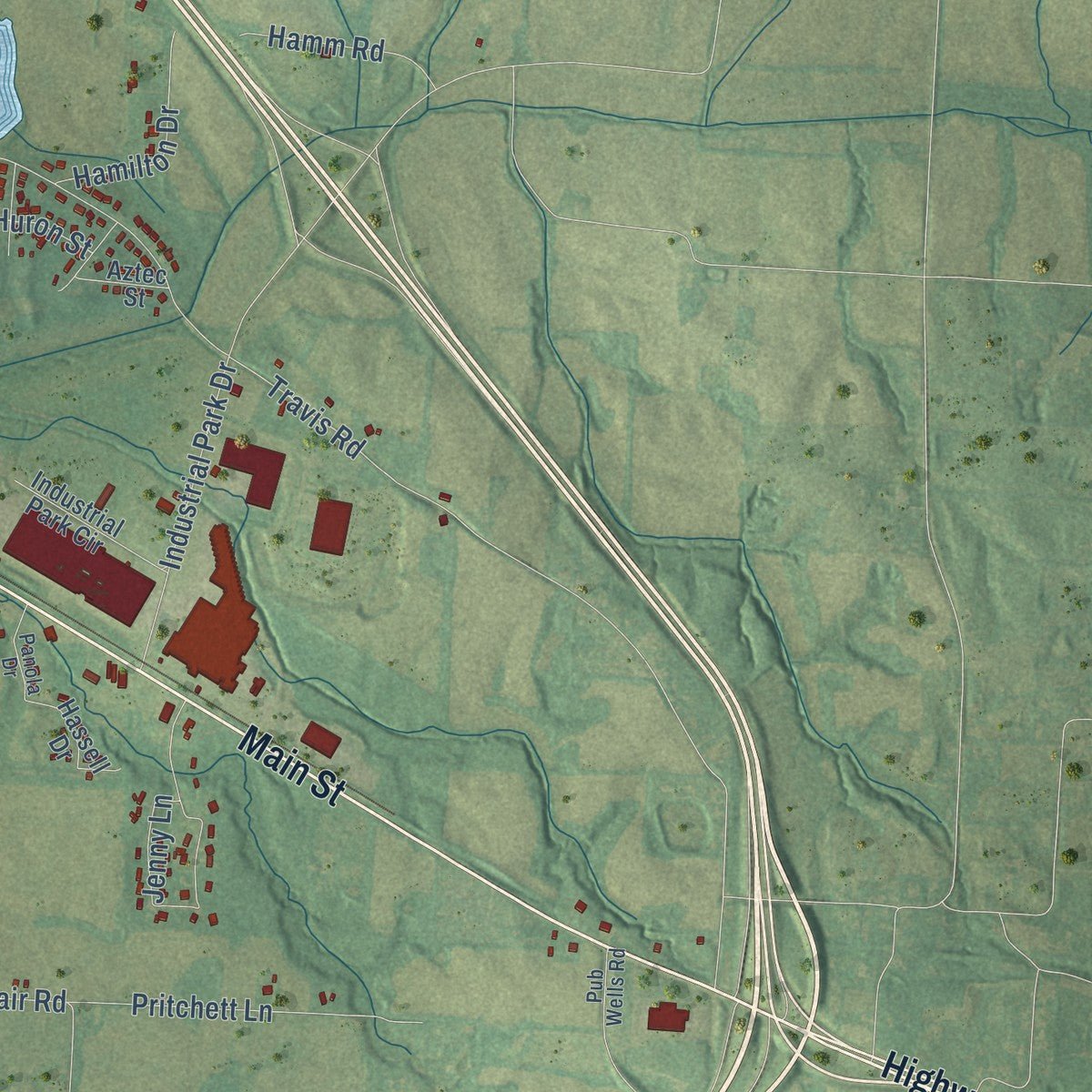 Second close-up of the map of Martin, Tennessee print showing more streets and buildings