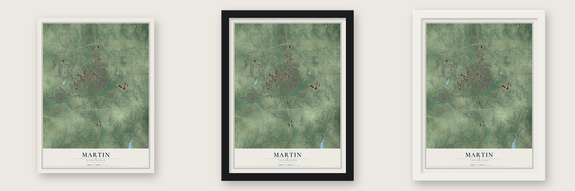 Martin, Tennessee map unframed, in a black wood frame and in a white wood frame