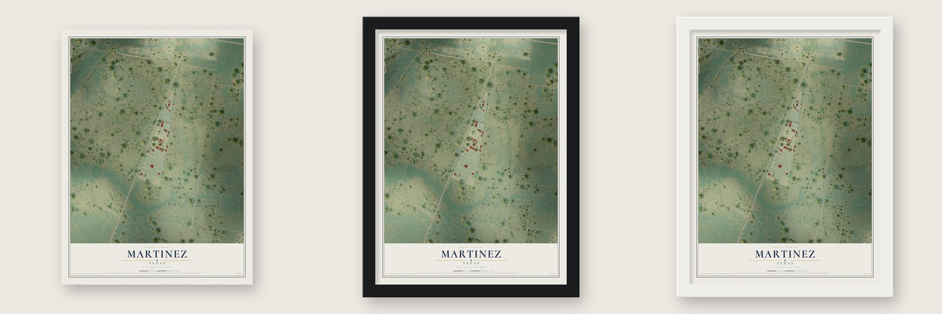 Martinez, Texas map unframed, in a black wood frame and in a white wood frame