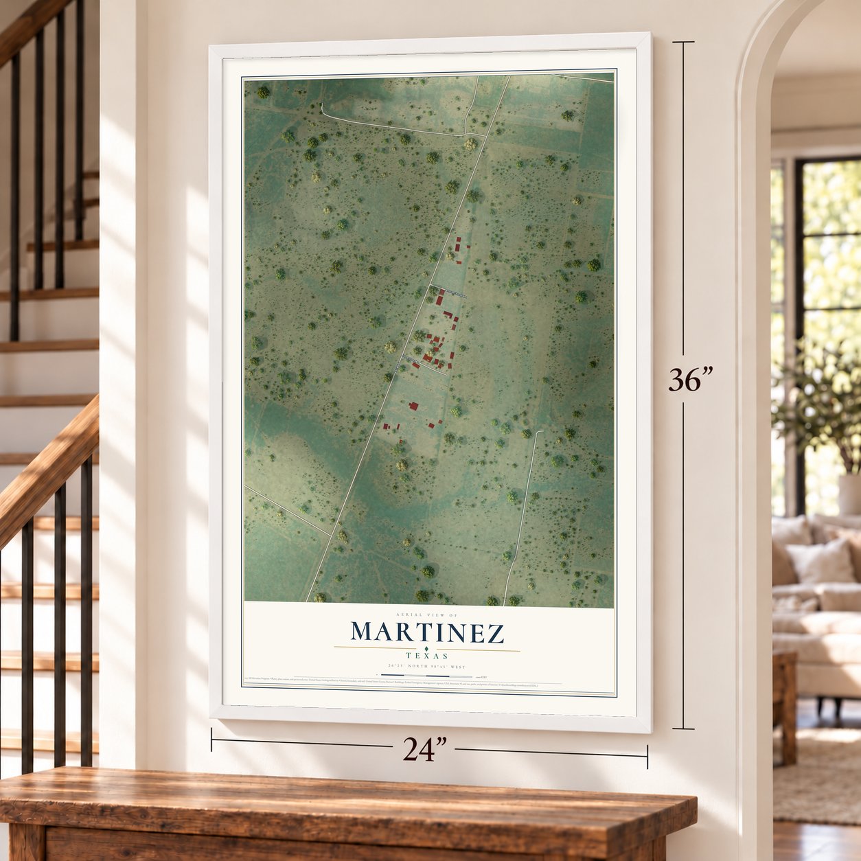 Martinez, Texas map, 24 x 36 inch print in a white frame by a staircase