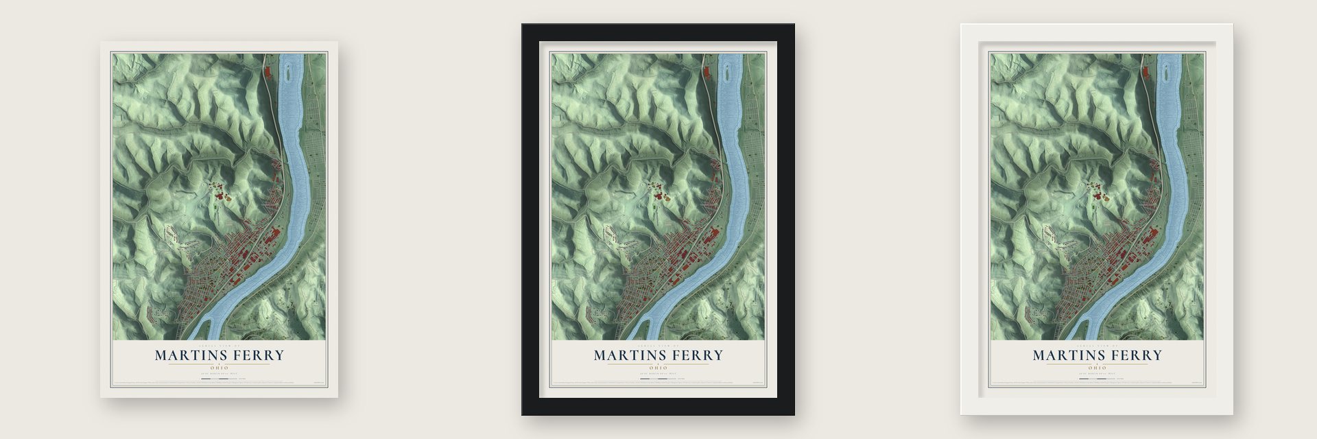 Martins Ferry, Ohio map unframed, in a black wood frame and in a white wood frame