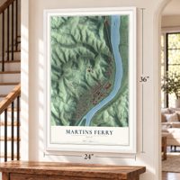Martins Ferry, Ohio map, 24 x 36 inch print in a white frame by a staircase