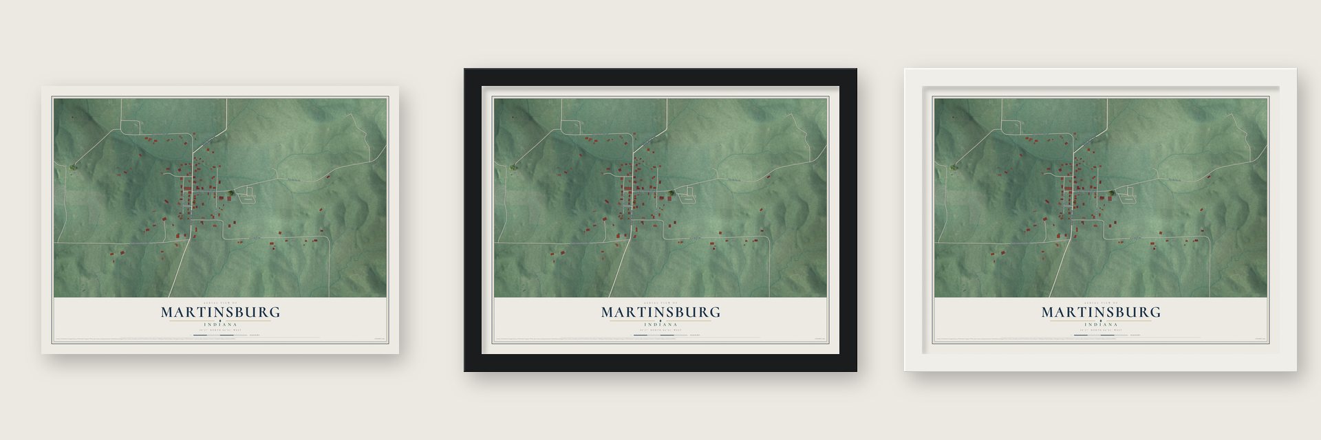 Martinsburg, Indiana map unframed, in a black wood frame and in a white wood frame