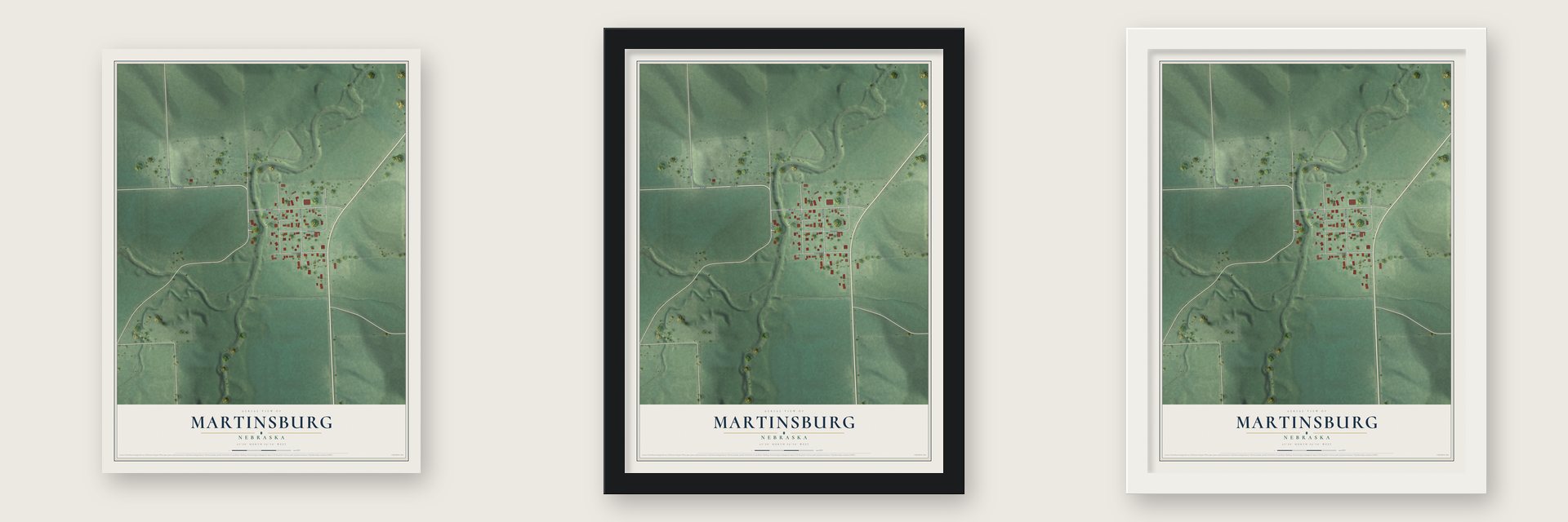 Martinsburg, Nebraska map unframed, in a black wood frame and in a white wood frame