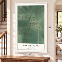 Martinsburg, Nebraska map, 24 x 36 inch print in a white frame by a staircase