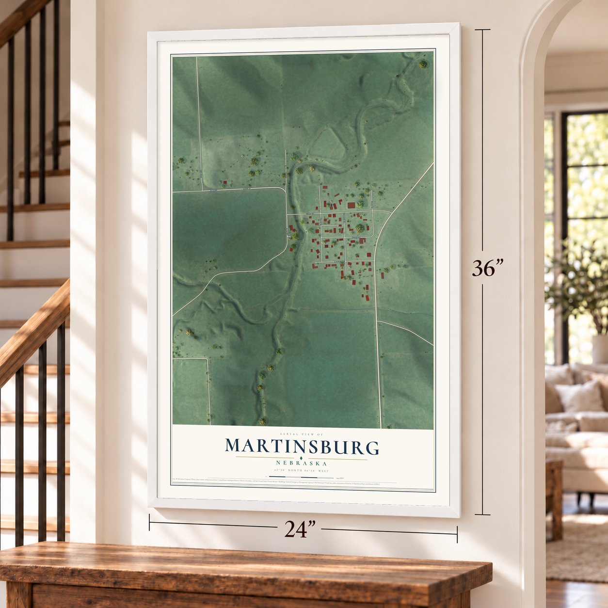 Martinsburg, Nebraska map, 24 x 36 inch print in a white frame by a staircase