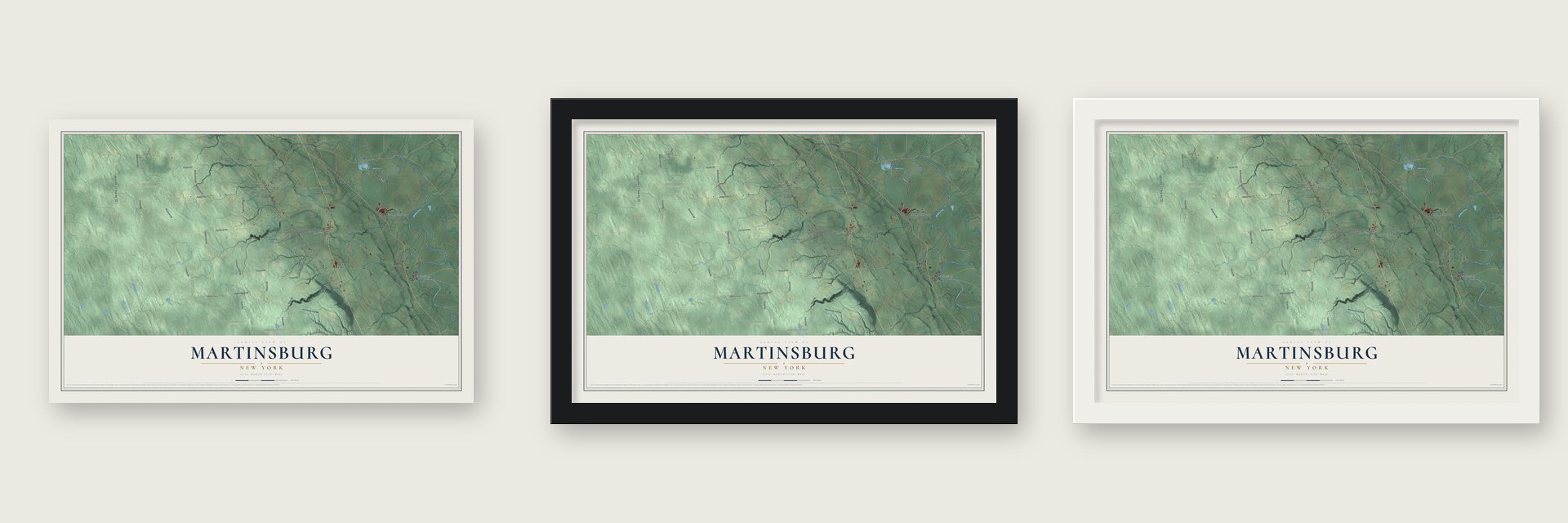 Martinsburg, New York map unframed, in a black wood frame and in a white wood frame