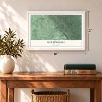 Martinsburg, New York map, 12 x 18 inch print in a white frame in an entryway