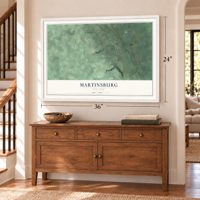 Martinsburg, New York map, 24 x 36 inch print in a white frame above a dresser by a staircase