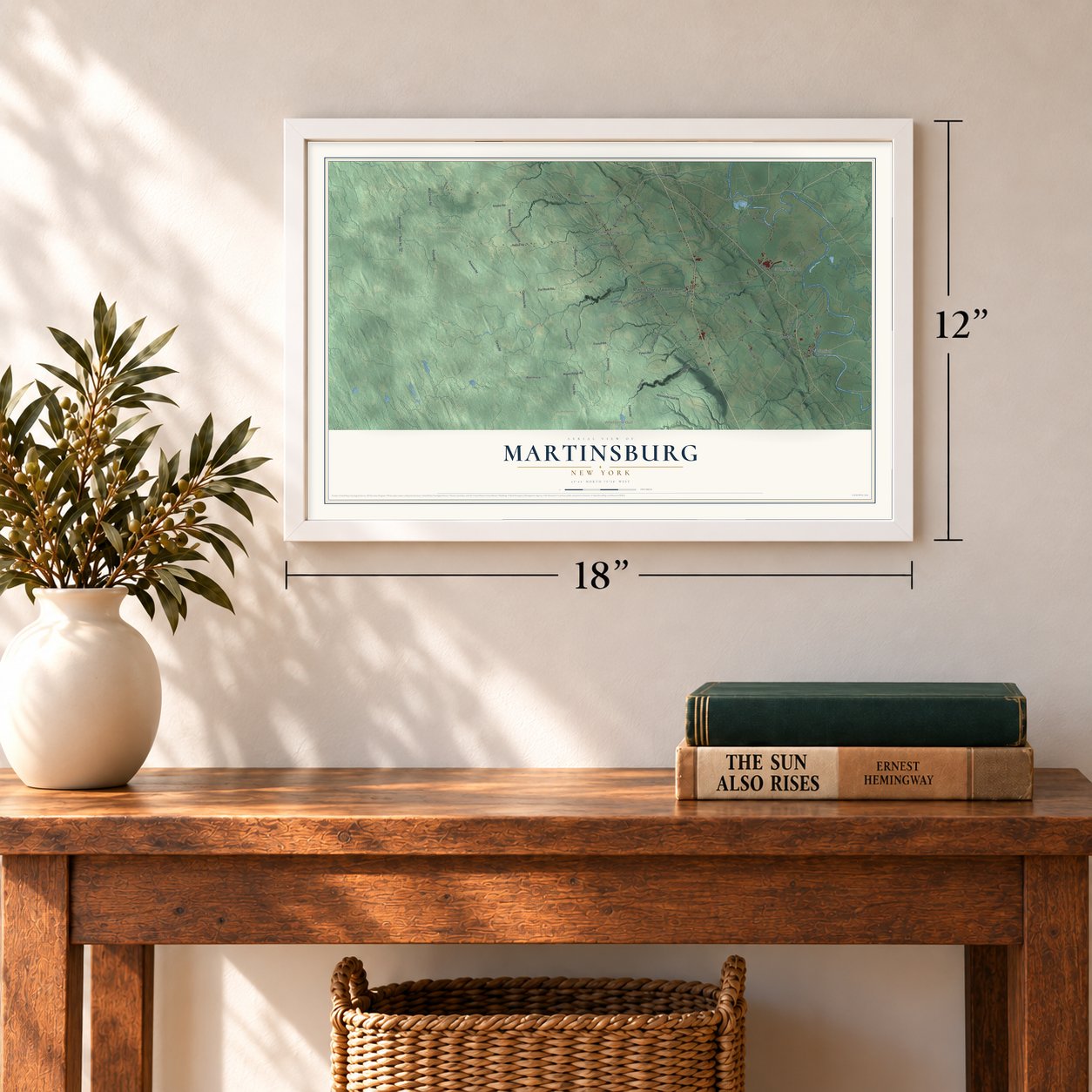 Martinsburg, New York map, 12 x 18 inch print in a white frame in an entryway